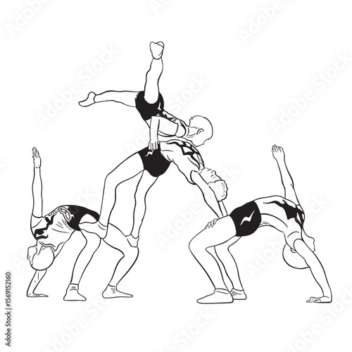 Acrobatic, balance, performance, cooperation concept. Hand drawn acrobats on static scene . Isolated vector illustration , acrobatics, gymnastic sketch illustration.
