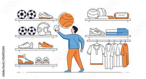 Man Browsing Shelves Stocked With Sports Equipment and Athletic Apparel in a Store