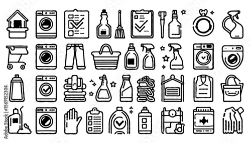 A set of 24 minimalist line icons for home cleaning and organization