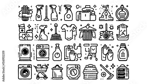 A set of 24 minimalist line icons for home cleaning and organization