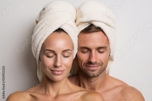 couple with towels on head standing close with eyes closed in relaxation