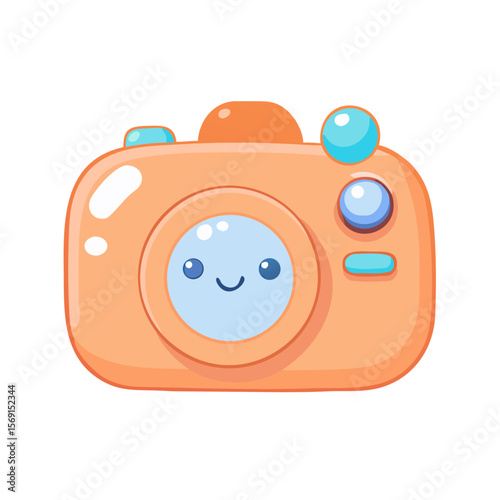 Cute Kawaii Cartoon Camera Vector. Adorable Photo Equipment with Happy Face Mascot