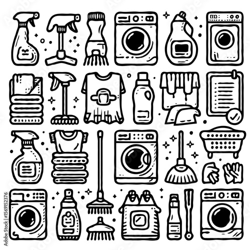 A set of 24 minimalist line icons for home cleaning and organization