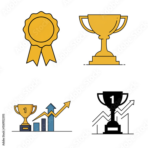 Business success elements showcasing a winning badge, gold trophy, and upward trend graphs for logo and branding materials