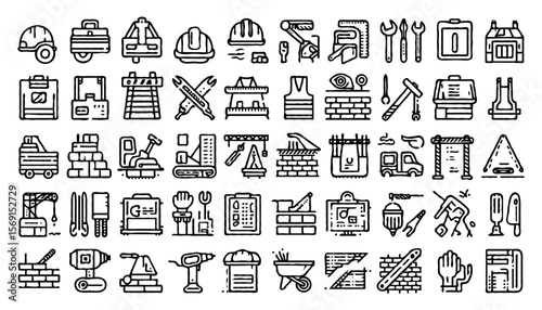 A set of 36 minimalist construction line art icons, drawn in clean, thin black outlines with consistent stroke width on a light background