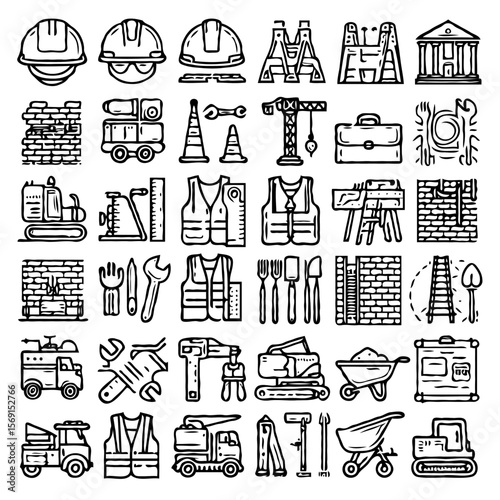 A set of 36 minimalist construction line art icons, drawn in clean, thin black outlines with consistent stroke width on a light background
