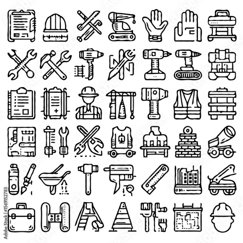 A set of 36 minimalist construction line art icons, drawn in clean, thin black outlines with consistent stroke width on a light background