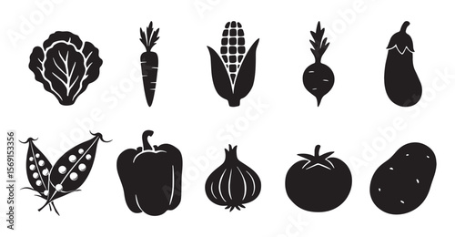Vegetables broccoli, potato, onion, garlic, lettuce, spinach, pepper, cucumber, pumpkin, turnip, celery, cabbage set collection pack black icon silhouette vector flat illustration design on white back
