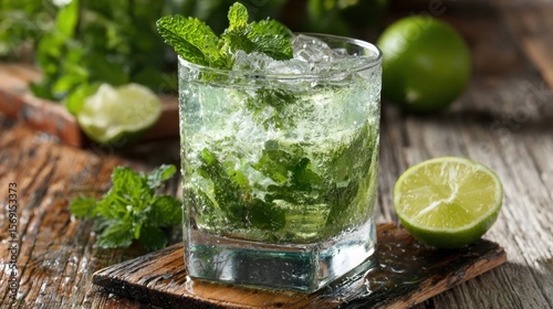 A luxurious mint julep cocktail harmonizing the coolness of ice cubes and the lush green of mint leaves artfully arranged in a rocks glass on a vintage wood tabletop complemented by