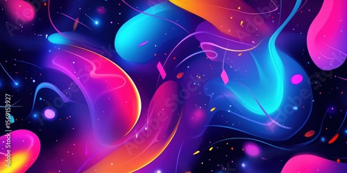 Vibrant neon party flyer design with glowing abstract shapes and energetic typography for a night event celebration