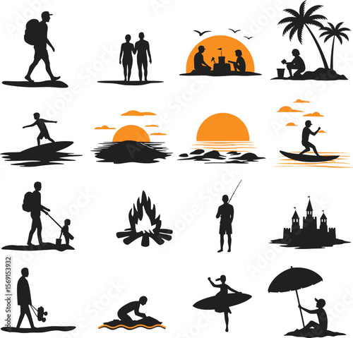 Outdoor activities vector silhouettes: hiking, beach fun, surfing, fishing, camping, and family moments – a versatile set for summer holidays, travel, and adventure-themed graphic design projects.