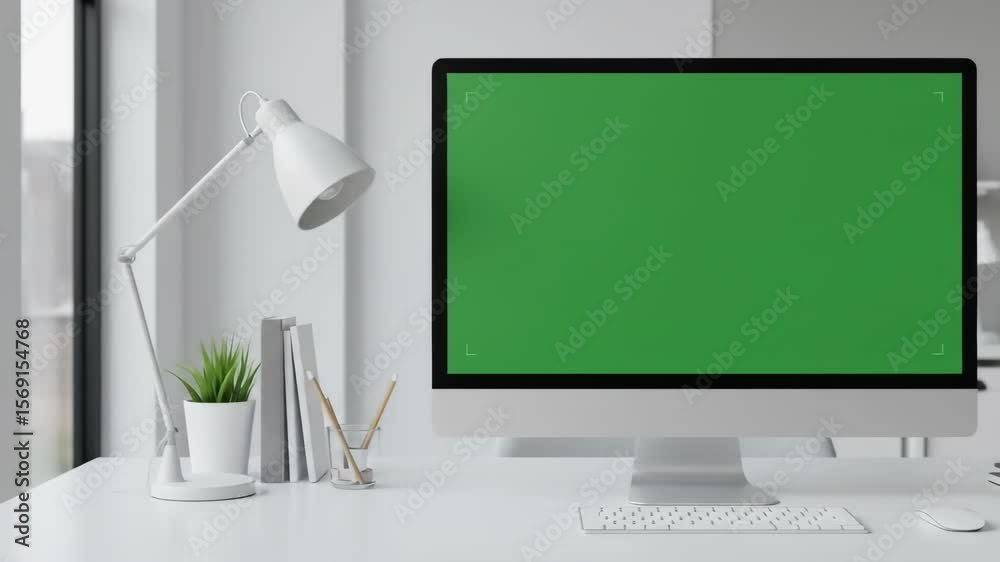 Modern computer monitor mockup green screen