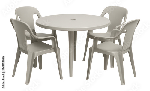 A lightweight plastic four-chair set with an umbrella hole table, great for a temporary garden party setup.