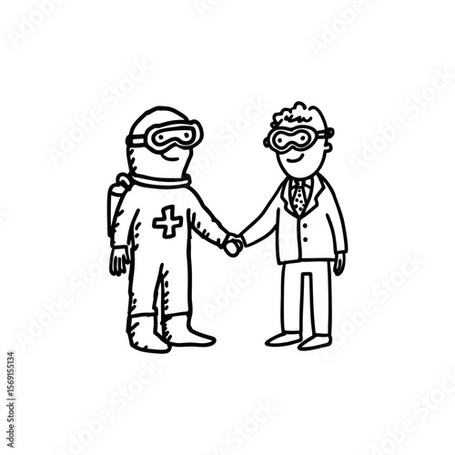 Cartoon black doodle of a medical worker in hazmat suit shaking hands with businessman in suit, ideal for pandemic collaboration, safety campaigns, and global health content. Transporent b
