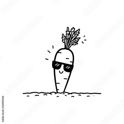 Funny cartoon carrot with sunglasses doodle growing from soil in black line art style for children’s content, healthy food education and farm themes on transparent background.