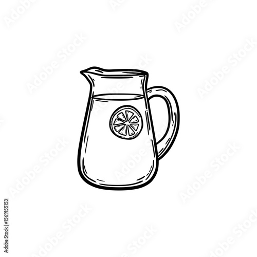 Pitcher of lemonade with lemon slice doodle in playful hand-drawn black outline for summer party invites, drink menus, and refreshing design concepts on transparent background.