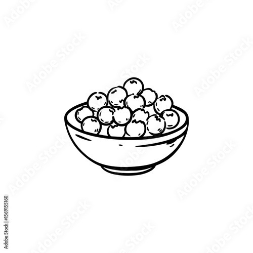 Hand-drawn black doodle vector of bowl filled with fresh blueberries, ideal for organic food labels, health blogs, and antioxidant-rich nutrition content in black-and-white sketch style. Transporent b