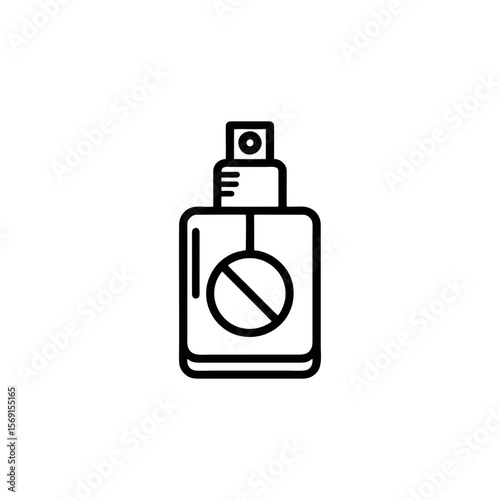 Simple line drawing of no perfume symbol with pump bottle and crossed-out fragrance icon, black vector doodle for allergy safety, school zones, and scent-free environment messages. Transporent b