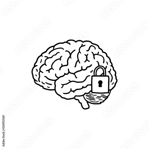 Simple line drawing of human brain with lock symbol in black outline for mental health, data privacy, or neuroscience content on transparent background.