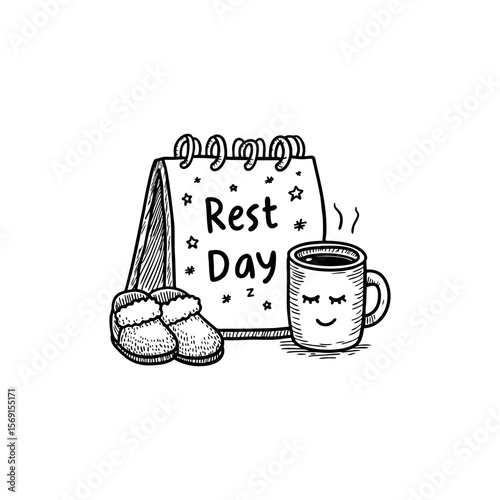 Hand-drawn cartoon calendar with rest day lettering, hot drink, and slippers in cozy doodle style for self-care, wellness design, and mental health content on transparent background.