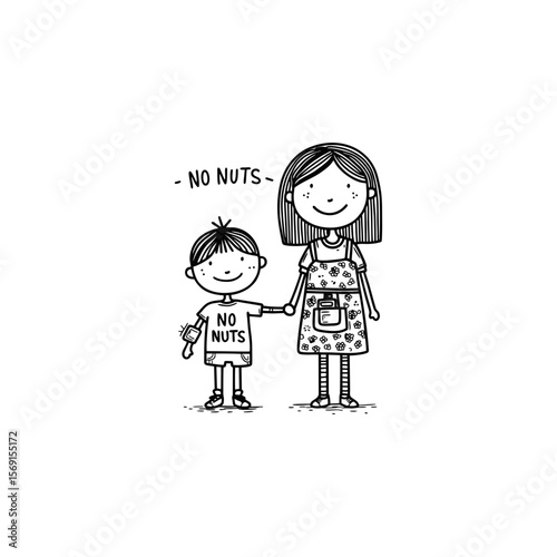 Cartoon boy with nut allergy and caring adult holding hands in black outline doodle style for allergy awareness, school health, and inclusive design on transparent background.