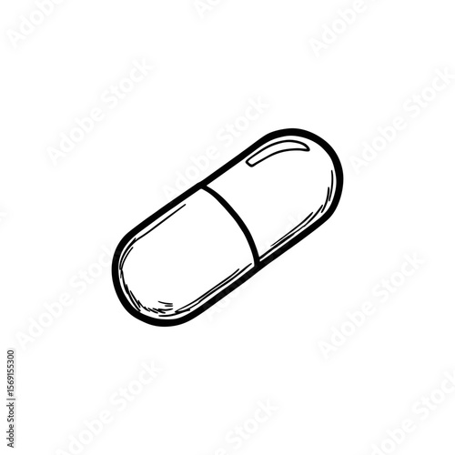 Hand-drawn pill capsule in black doodle style for pharmaceutical content, pharmacy labels, and health articles on transparent background.