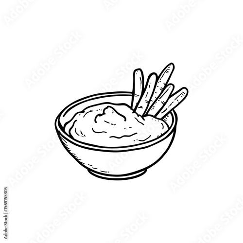 Minimalist hand drawn hummus bowl with crunchy breadsticks in black line doodle style for vegan recipe blogs, Mediterranean cuisine branding, and healthy snack apps on transparent background