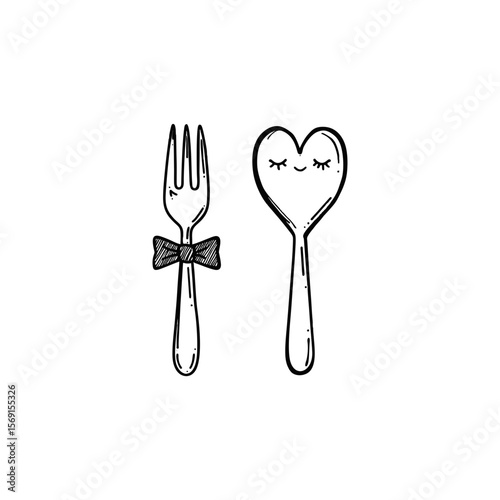 Playful hand drawn fork with bowtie and heart-shaped spoon with sleepy face for romantic dinner designs, Valentine’s Day menus, or family food blogs on transparent background