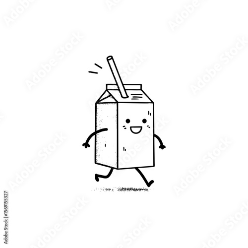 Cute hand drawn doodle of smiling milk carton with straw walking joyfully for kids menu, breakfast product branding or fun food blog icon in minimal black and white on transparent background