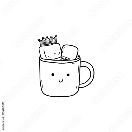Cute cartoon doodle of smiling mug with kawaii marshmallow characters and crown for dessert shop branding, children's hot chocolate menu or festive food illustration on transparent background