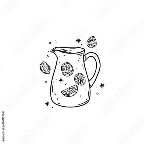 Playful pitcher of lemonade with floating citrus slices and sparkles in hand drawn doodle style for summer drink branding, tropical menu designs or refreshment blogs on transparent background