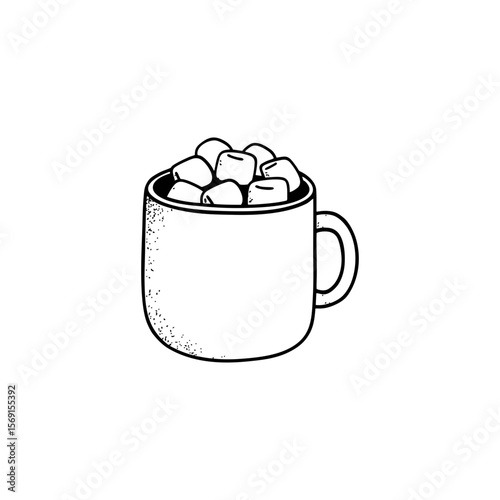 Hand drawn minimal hot cocoa mug with fluffy marshmallows in textured monochrome line style for winter beverage menus, cozy branding, and festive recipe cards on transparent background