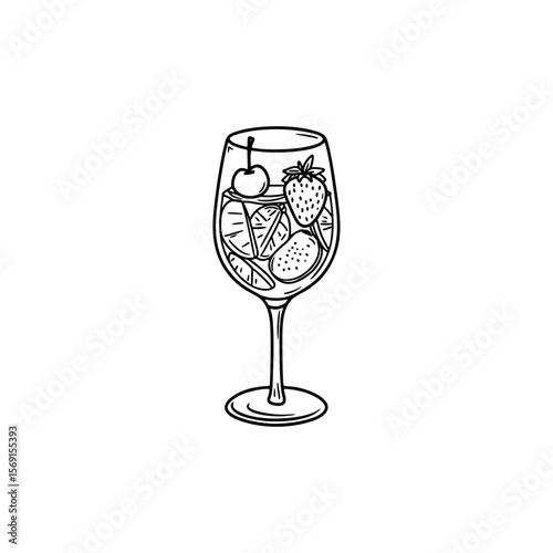Hand drawn sangria glass with cherry, strawberry and citrus slices in fruity summer drink style on transparent background