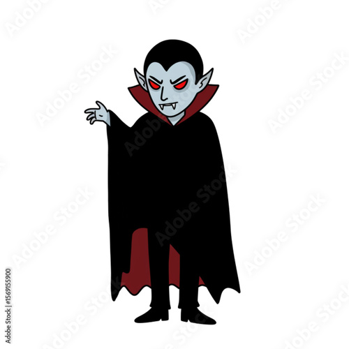 A cartoon Dracula character with a black cloak, red eyes, and fangs makes a spooky element perfect for Halloween or gothic designs.