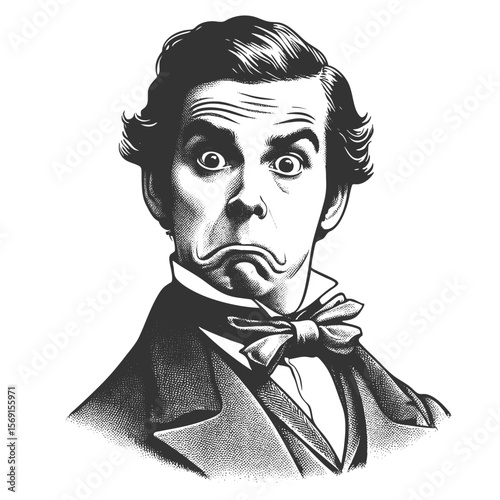 Funny shocked Victorian gentleman, exaggerated wide eyes and open mouth expression of surprise sketch engraving generative ai fictional character vector illustration. Scratch board. Black and white.