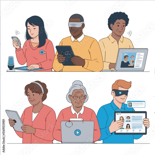 Inclusive Technology Illustration Diverse people using assistive devices for digital accessibility and social media on their laptops and tablets