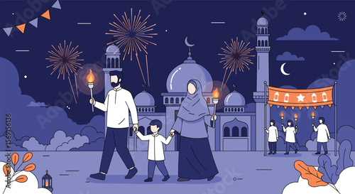 Family Celebration with Fireworks and Mosque in the Background during Evening Festivities