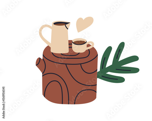 Coffee cup and pitcher on tree stump outdoors. Camping tea in nature. Hot drink, warm beverage for calm morning in forest, relaxation and peace. Flat vector illustration isolated on white background