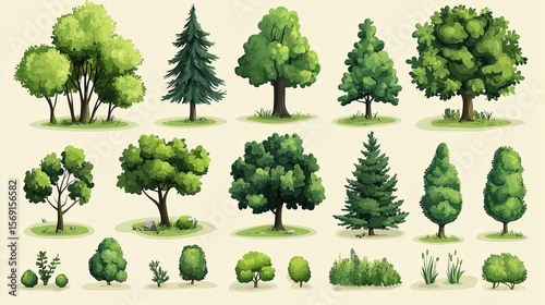 Diverse Tree and Vegetation Illustration (Cartoon Realism, Natural Scenes, Ecological Elements) for Garden Design, Nature Popularization, Illustration Creation Materials