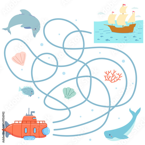 Maze game for children.Maze game with submarine.Labyrinth game with submarine.Vector illustration.Animal cartoon characters.Underwater world.