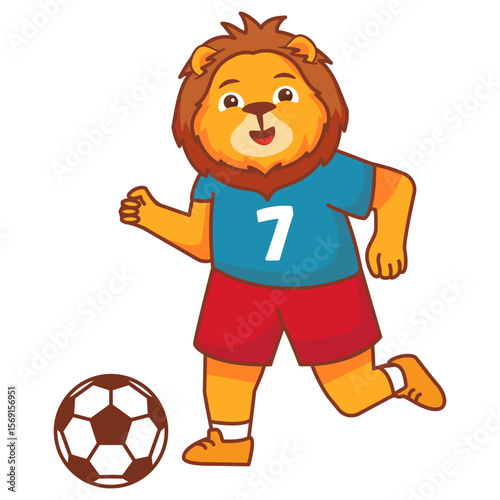 A lion football game. Score a goal.Draw paths for the ball. Cute animal.Soccer player.Isolated on white background.Character cartoon vector illustration.