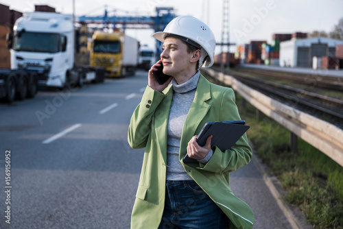 Businesswoman in safety helmet using mobile phone and tablet at a logistics site