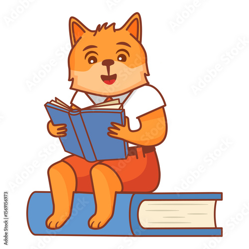 Cute dog character reads books.Cartoon dog is sitting on a book.Reading books.Cute dog animal student reading while sitting on big books library.Line art vector.Isolated on white background.
