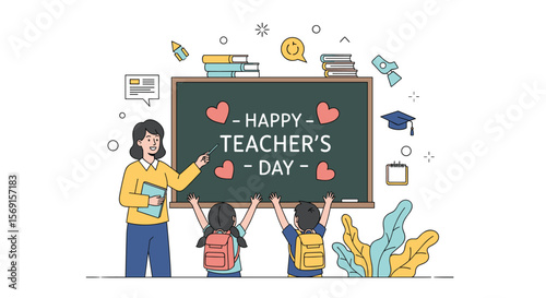 Celebrating Amazing Educators Happy Teachers Day With Students Appreciation And Festive School Blackboard Illustration