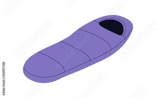 Sleeping bag for camping and hiking. Insulated padded outdoor gear, mummy bed for night outside. Portable equipment for relaxing in travel. Flat vector illustration isolated on white background
