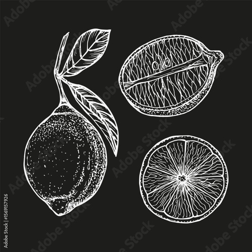 Lemon botanical illustrations set. Sketch outline drawings of a citrus plant for culinary, wellness, garden, and aromatherapy themes. Vector art clipart isolated