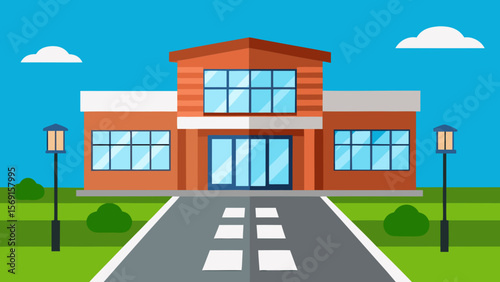 Modern architectural office building exterior with many windows under a clear sky