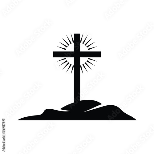 Black Cross and Sunburst Silhouette on White Background
