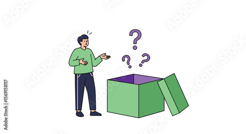 Young person puzzled by open box with floating question marks showing uncertainty and curiosity about contents