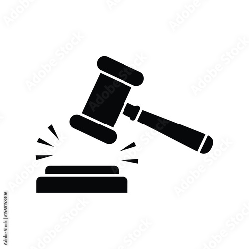 Black Gavel Striking Block Icon on White Background